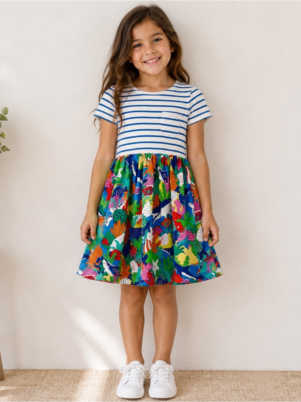 Mini Boden Blue White Striped Underwater Print Dress 100% Cotton Girls 9–10Y